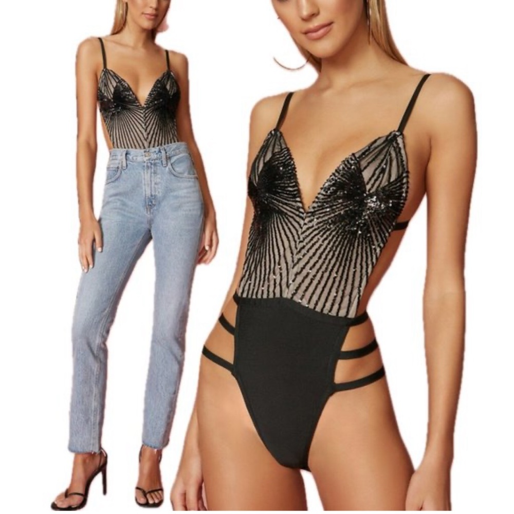 Superdown Black Sequin Embellished Mesh Cut Out Top